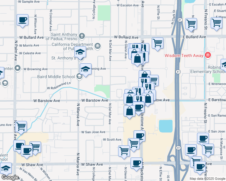 map of restaurants, bars, coffee shops, grocery stores, and more near 5516 North Del Mar Avenue in Fresno