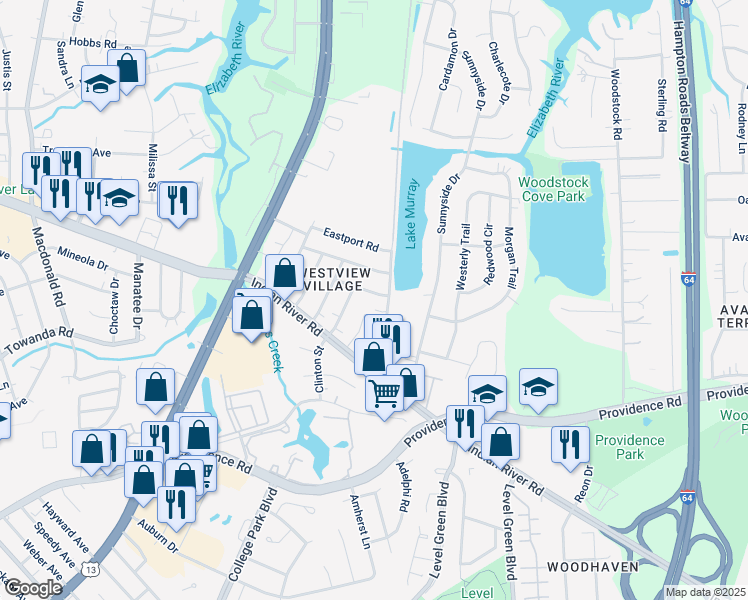 map of restaurants, bars, coffee shops, grocery stores, and more near 6312 Howell Place in Virginia Beach