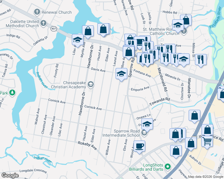 map of restaurants, bars, coffee shops, grocery stores, and more near in Chesapeake