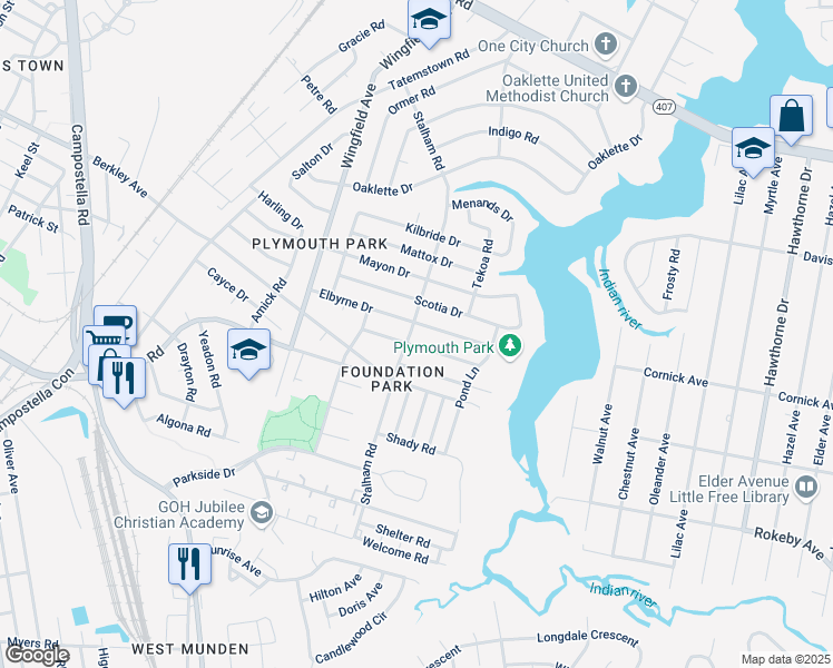 map of restaurants, bars, coffee shops, grocery stores, and more near 2927 Elbyrne Drive in Chesapeake