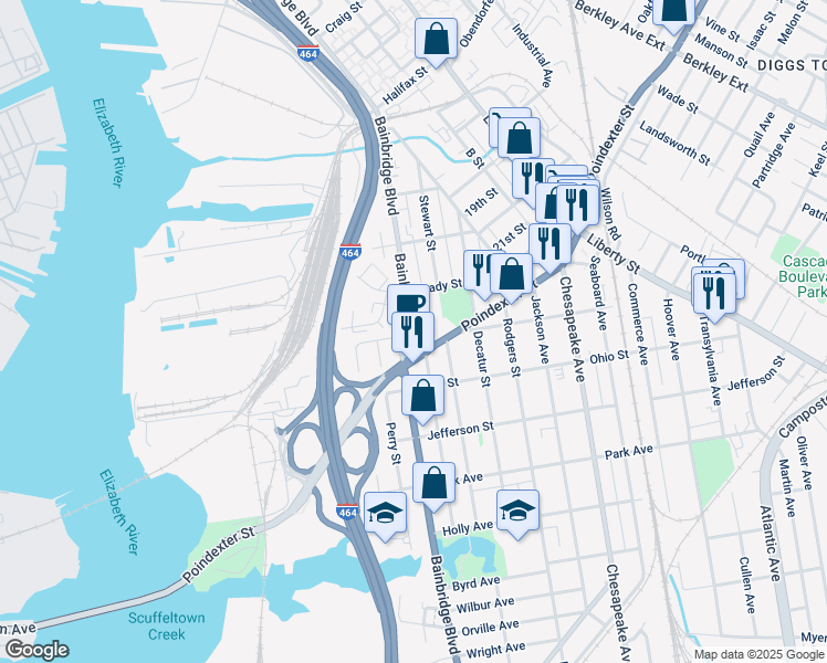 map of restaurants, bars, coffee shops, grocery stores, and more near 1009 Rena B. Wright Way in Chesapeake
