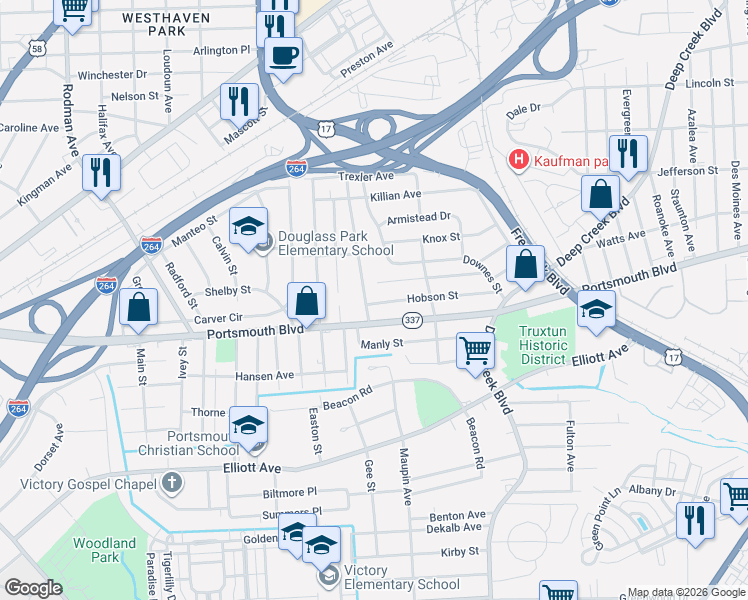 map of restaurants, bars, coffee shops, grocery stores, and more near 3328 Gwin Street in Portsmouth