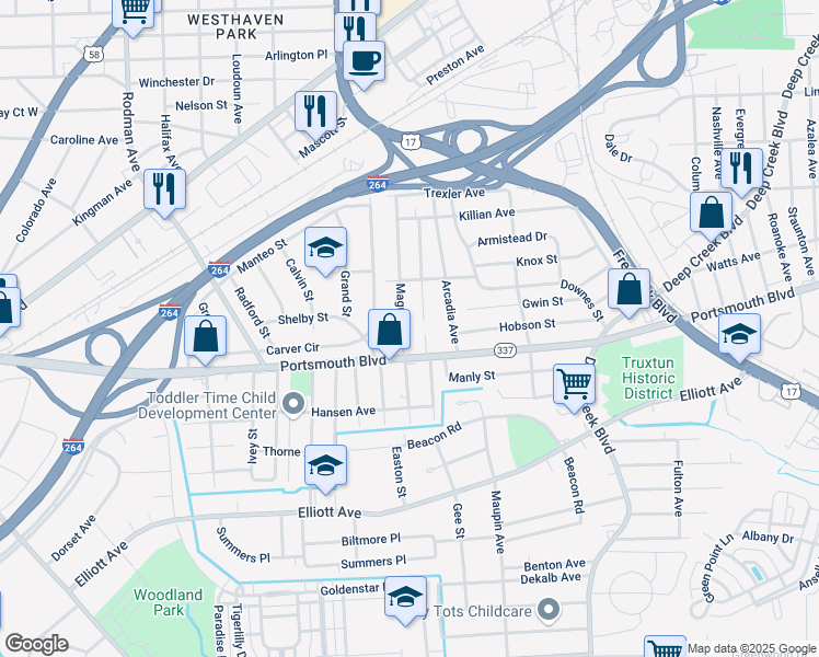 map of restaurants, bars, coffee shops, grocery stores, and more near 2809 Magnolia Street in Portsmouth