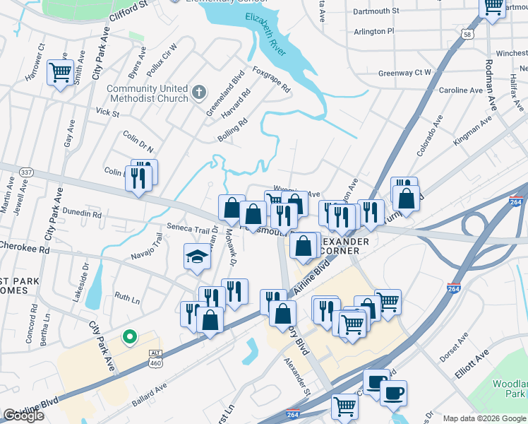 map of restaurants, bars, coffee shops, grocery stores, and more near 126 Oregon Avenue in Portsmouth