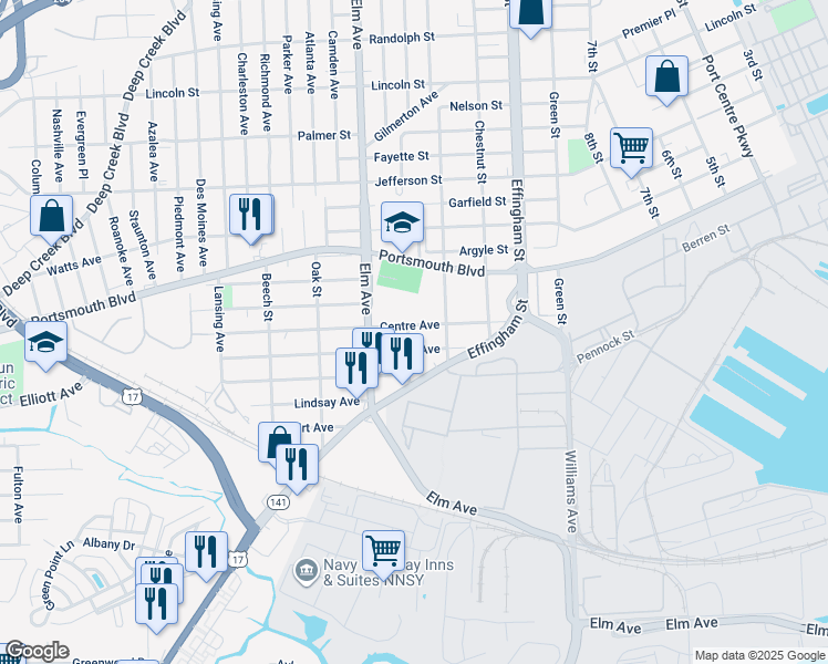 map of restaurants, bars, coffee shops, grocery stores, and more near 1025 Centre Avenue in Portsmouth