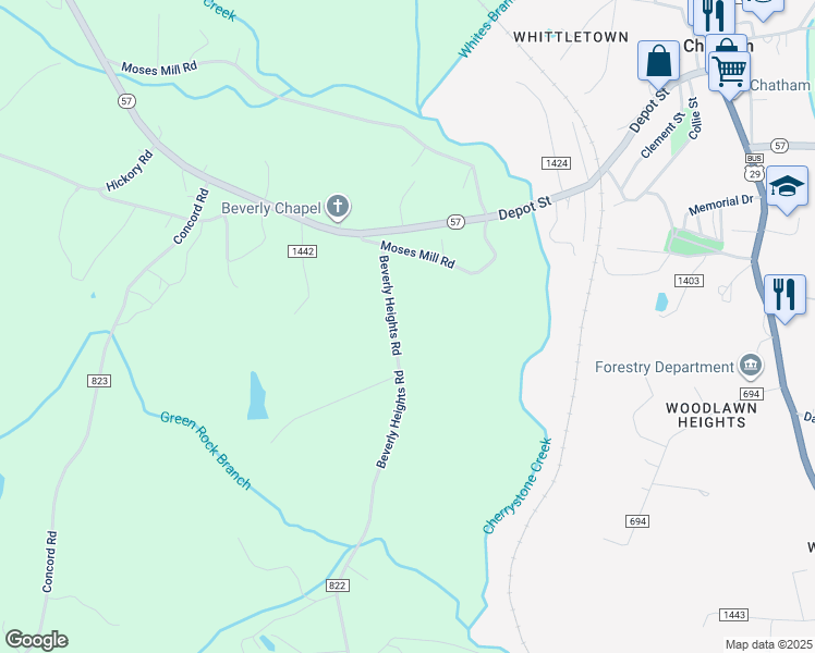 map of restaurants, bars, coffee shops, grocery stores, and more near 289 Beverly Heights Road in Chatham