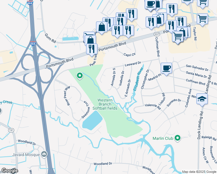 map of restaurants, bars, coffee shops, grocery stores, and more near 2027 Armada Court in Chesapeake