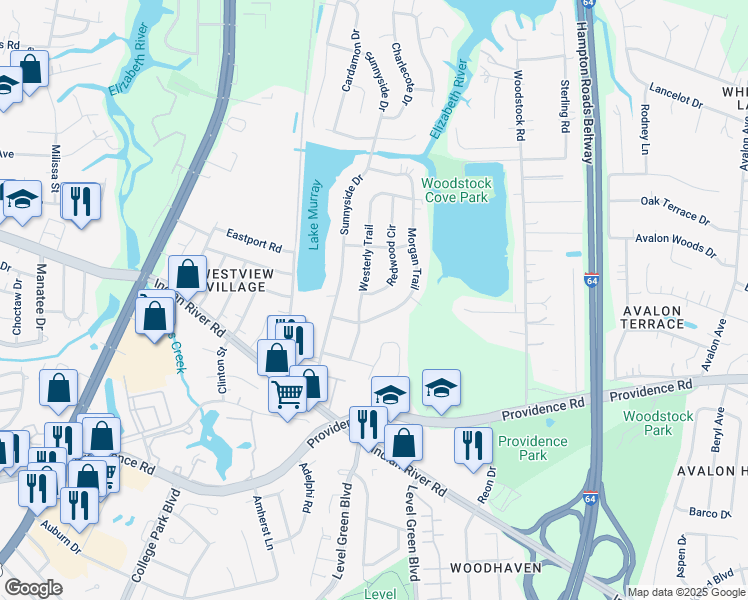 map of restaurants, bars, coffee shops, grocery stores, and more near 900 Redwood Circle in Virginia Beach