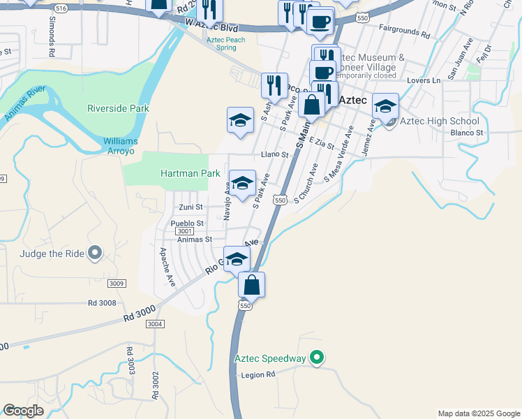 map of restaurants, bars, coffee shops, grocery stores, and more near 524 South Park Avenue in Aztec
