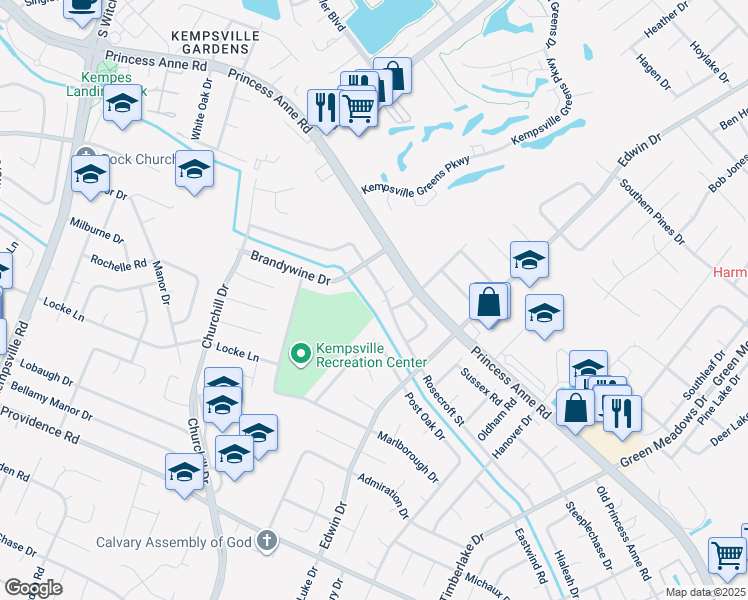 map of restaurants, bars, coffee shops, grocery stores, and more near 4807 Rosecroft Street in Virginia Beach