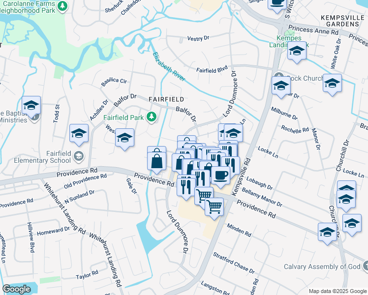 map of restaurants, bars, coffee shops, grocery stores, and more near 693 Lord Dunmore Drive in Virginia Beach