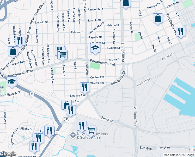 map of restaurants, bars, coffee shops, grocery stores, and more near 1025 Centre Avenue in Portsmouth