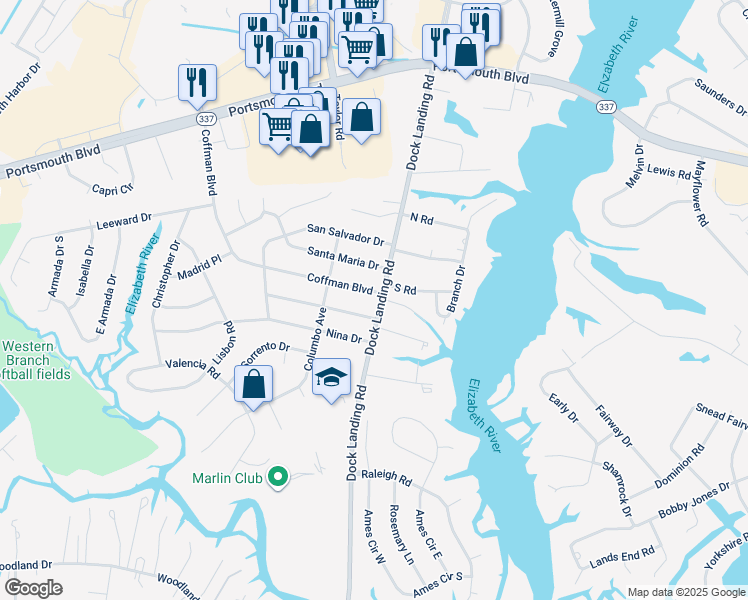 map of restaurants, bars, coffee shops, grocery stores, and more near 4001 Coffman Boulevard in Chesapeake