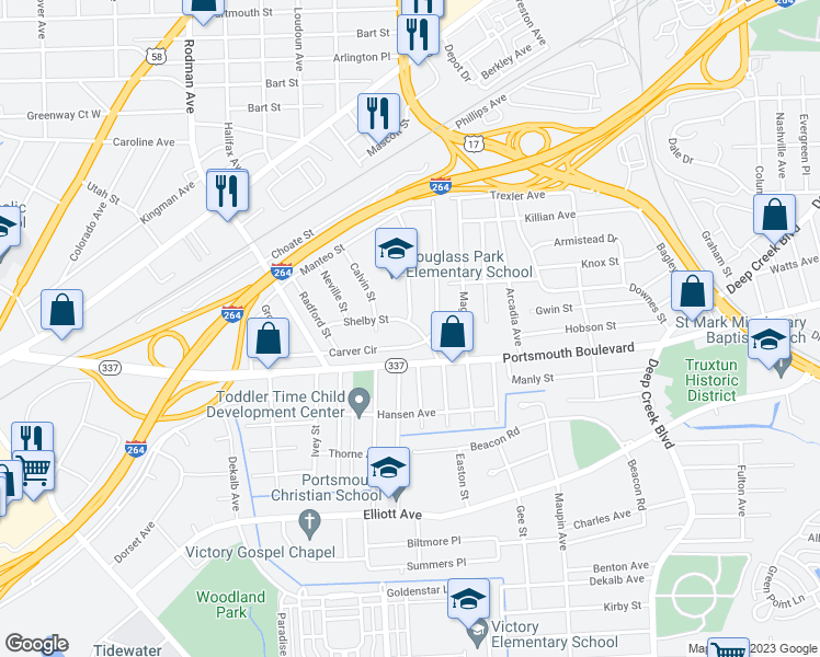 map of restaurants, bars, coffee shops, grocery stores, and more near 56 Grand Street in Portsmouth