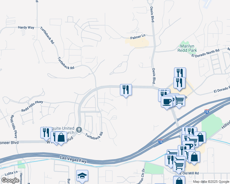 map of restaurants, bars, coffee shops, grocery stores, and more near 272 West Pioneer Boulevard in Mesquite
