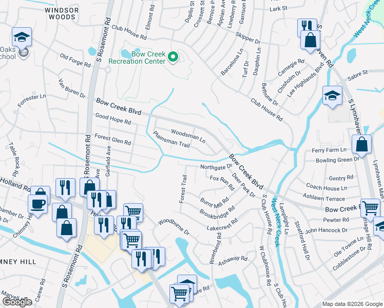 map of restaurants, bars, coffee shops, grocery stores, and more near 3340 Plainsman Trail in Virginia Beach