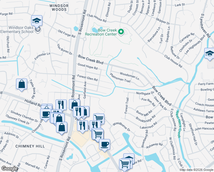 map of restaurants, bars, coffee shops, grocery stores, and more near 3428 Forest Glen Road in Virginia Beach