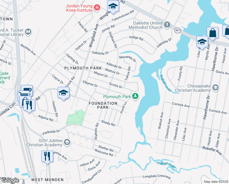 map of restaurants, bars, coffee shops, grocery stores, and more near 3006 Scotia Drive in Chesapeake