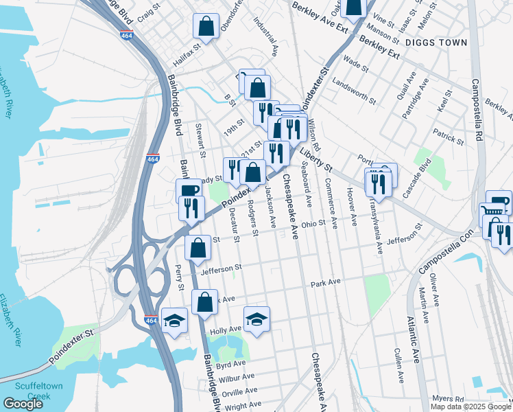 map of restaurants, bars, coffee shops, grocery stores, and more near 1116 Poindexter Street in Chesapeake