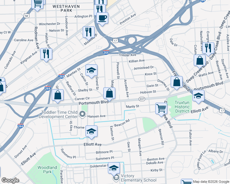 map of restaurants, bars, coffee shops, grocery stores, and more near 2809 Magnolia Street in Portsmouth
