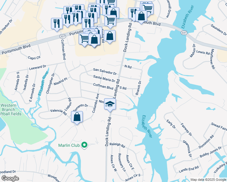 map of restaurants, bars, coffee shops, grocery stores, and more near 4001 Coffman Boulevard in Chesapeake