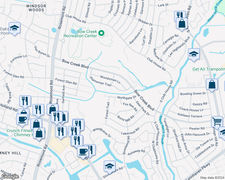 map of restaurants, bars, coffee shops, grocery stores, and more near 820 Plainsman Court in Virginia Beach