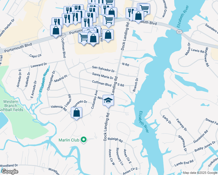 map of restaurants, bars, coffee shops, grocery stores, and more near 4005 Coffman Boulevard in Chesapeake