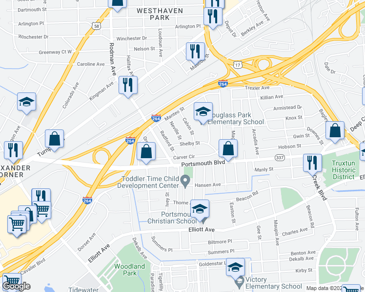 map of restaurants, bars, coffee shops, grocery stores, and more near 45 Shelby Street in Portsmouth