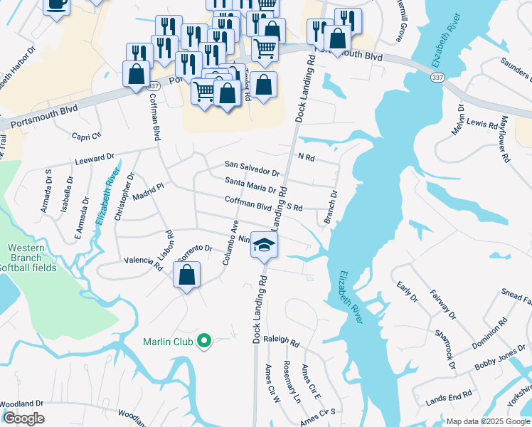 map of restaurants, bars, coffee shops, grocery stores, and more near 4005 Coffman Boulevard in Chesapeake