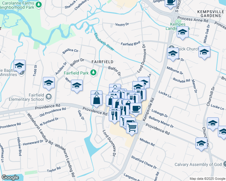 map of restaurants, bars, coffee shops, grocery stores, and more near 740 Lord Dunmore Drive in Virginia Beach