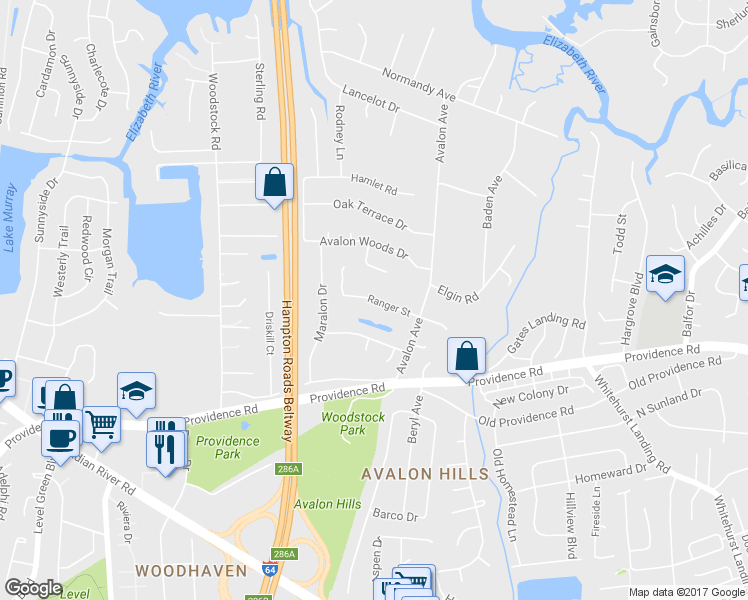 map of restaurants, bars, coffee shops, grocery stores, and more near 5725 Ranger Street in Virginia Beach