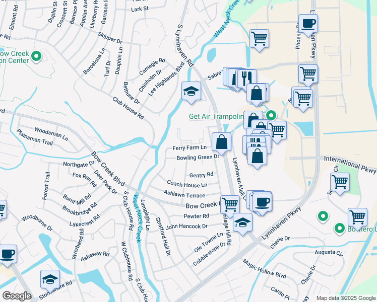 map of restaurants, bars, coffee shops, grocery stores, and more near 3037 Ferry Farm Lane in Virginia Beach