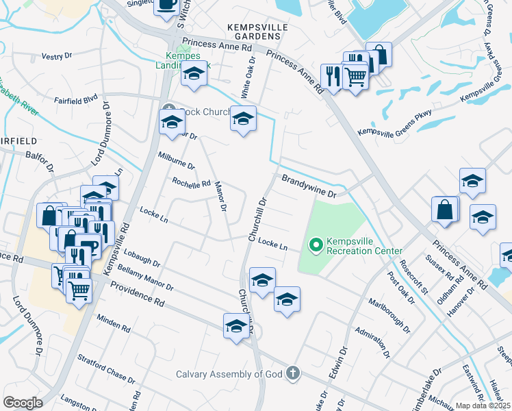 map of restaurants, bars, coffee shops, grocery stores, and more near 729 Churchill Drive in Virginia Beach