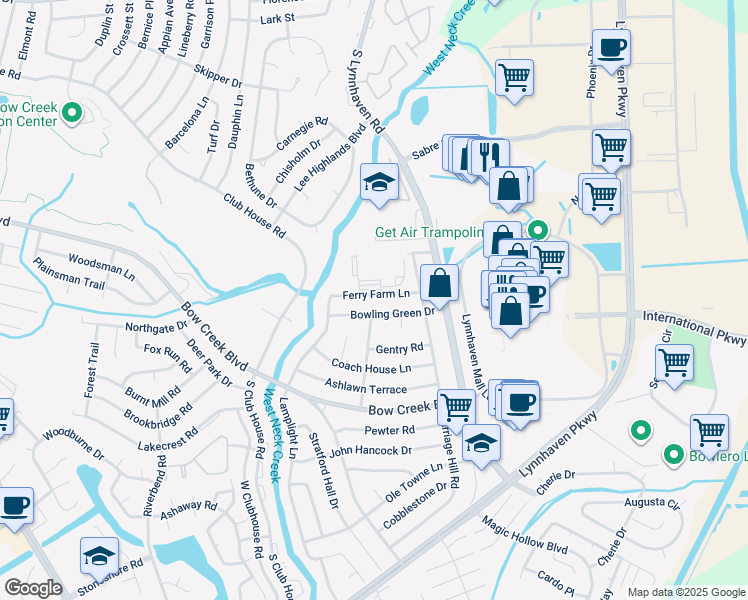 map of restaurants, bars, coffee shops, grocery stores, and more near 3037 Ferry Farm Lane in Virginia Beach