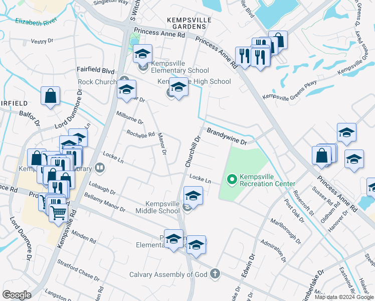 map of restaurants, bars, coffee shops, grocery stores, and more near 729 Churchill Drive in Virginia Beach