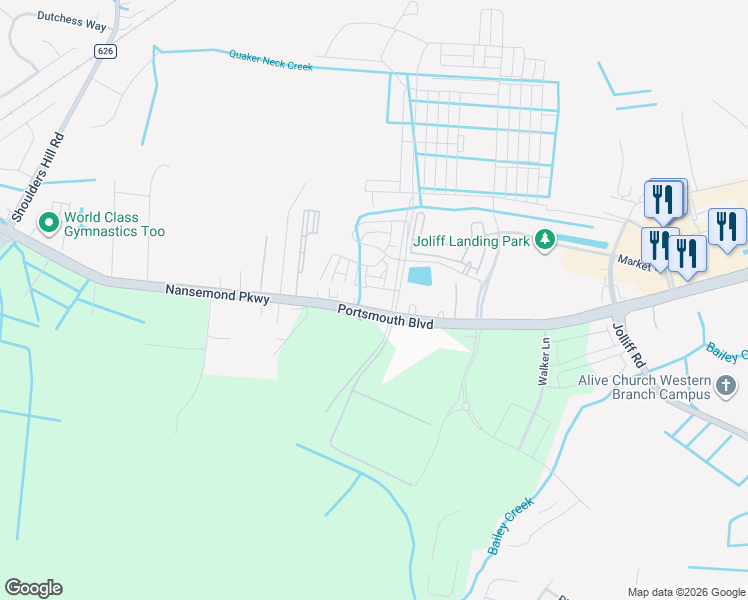 map of restaurants, bars, coffee shops, grocery stores, and more near 2103 Belden Avenue in Chesapeake
