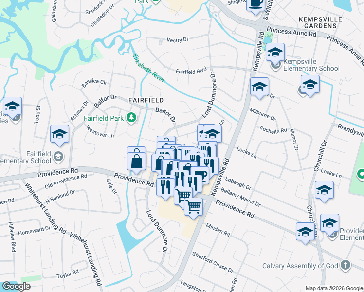 map of restaurants, bars, coffee shops, grocery stores, and more near 5205 Daphne Court in Virginia Beach