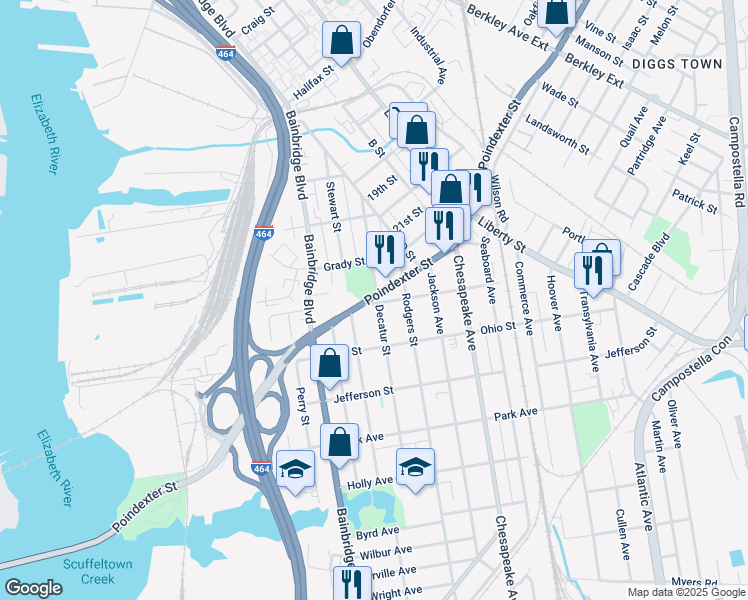 map of restaurants, bars, coffee shops, grocery stores, and more near 1100 Poindexter Street in Chesapeake