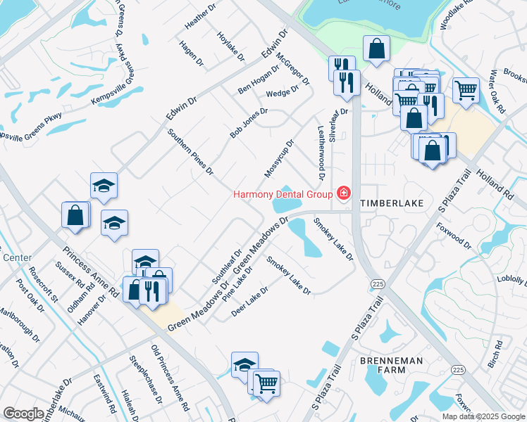 map of restaurants, bars, coffee shops, grocery stores, and more near 4582 Southern Pines Drive in Virginia Beach