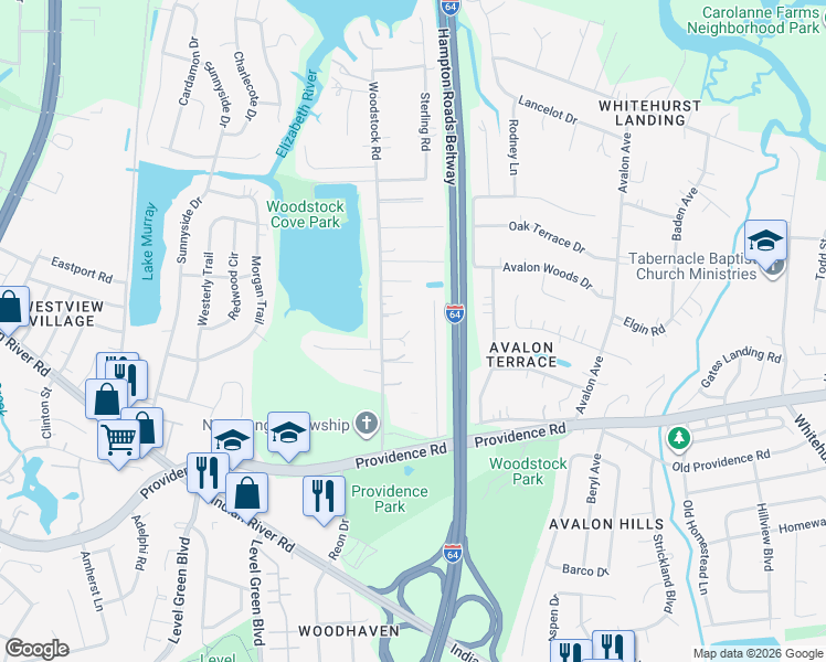 map of restaurants, bars, coffee shops, grocery stores, and more near 752 Woodstock Road in Virginia Beach