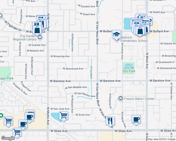 map of restaurants, bars, coffee shops, grocery stores, and more near 5520 North Woodson Avenue in Fresno