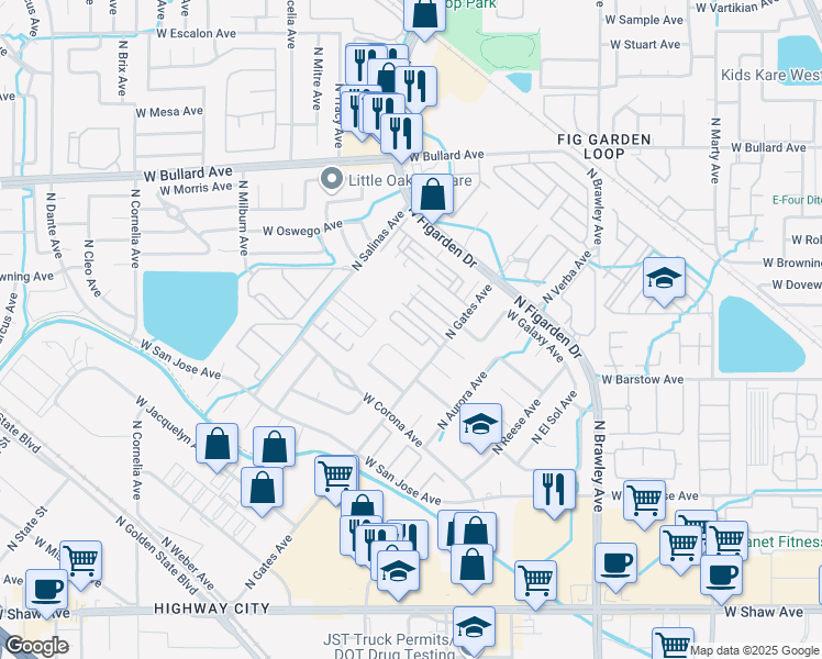 map of restaurants, bars, coffee shops, grocery stores, and more near 4319 West Regency Avenue in Fresno