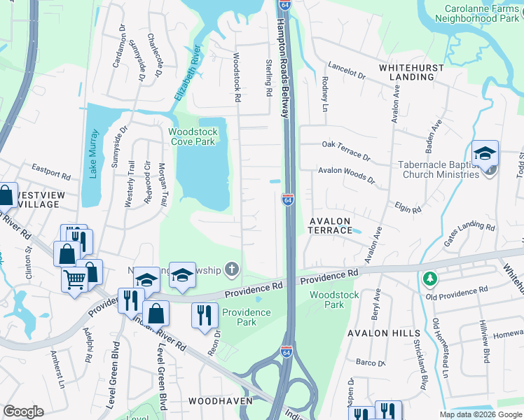 map of restaurants, bars, coffee shops, grocery stores, and more near 752 Woodstock Road in Virginia Beach