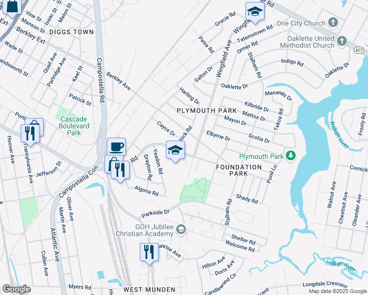 map of restaurants, bars, coffee shops, grocery stores, and more near 2704 Cayce Drive in Chesapeake