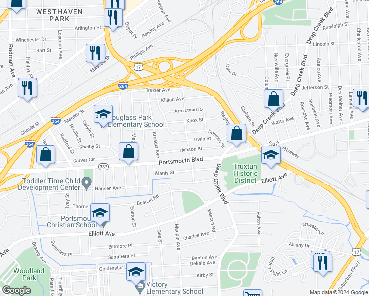 map of restaurants, bars, coffee shops, grocery stores, and more near 3301 Gwin Street in Portsmouth