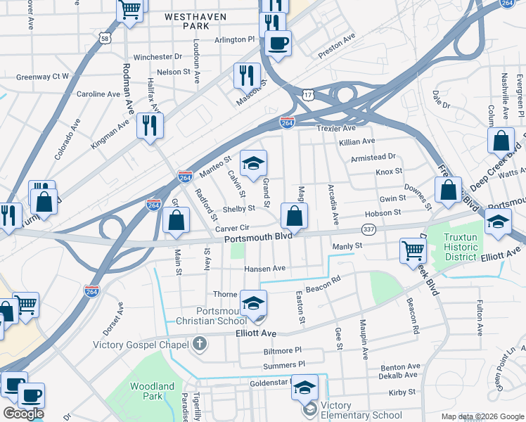 map of restaurants, bars, coffee shops, grocery stores, and more near 34 Grand Street in Portsmouth