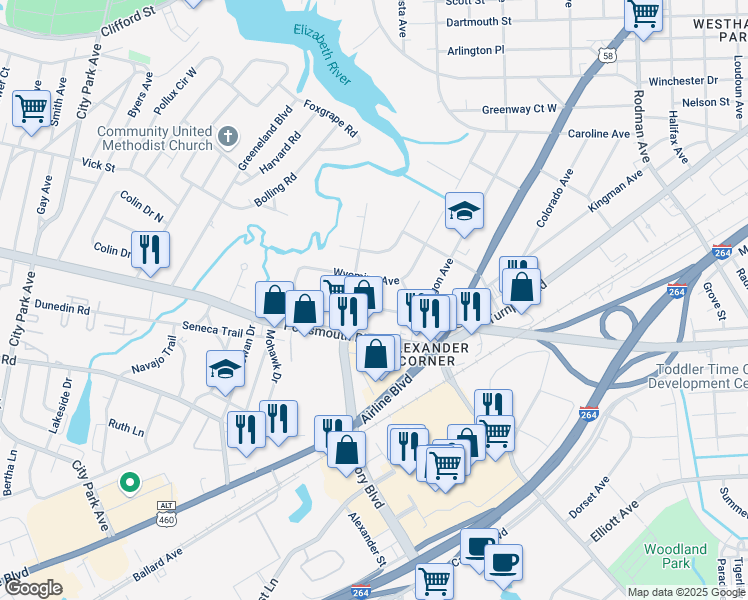 map of restaurants, bars, coffee shops, grocery stores, and more near 109 Wyoming Avenue in Portsmouth