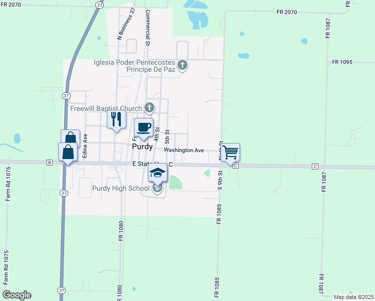 map of restaurants, bars, coffee shops, grocery stores, and more near 203-205 7th Street in Purdy