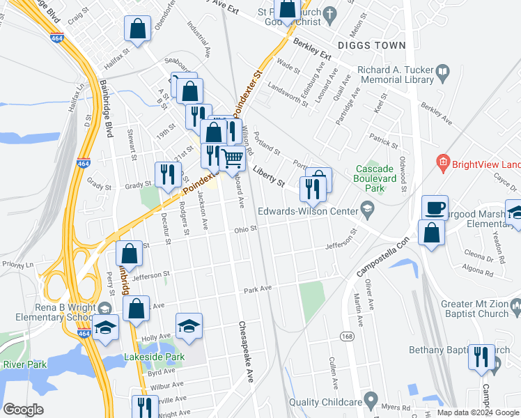 map of restaurants, bars, coffee shops, grocery stores, and more near 1152 Commerce Avenue in Chesapeake