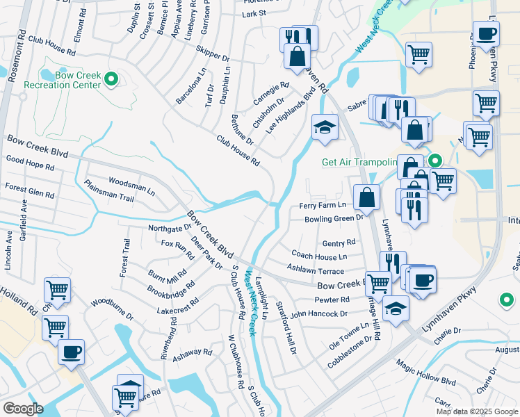 map of restaurants, bars, coffee shops, grocery stores, and more near 617 South Club House Road in Virginia Beach